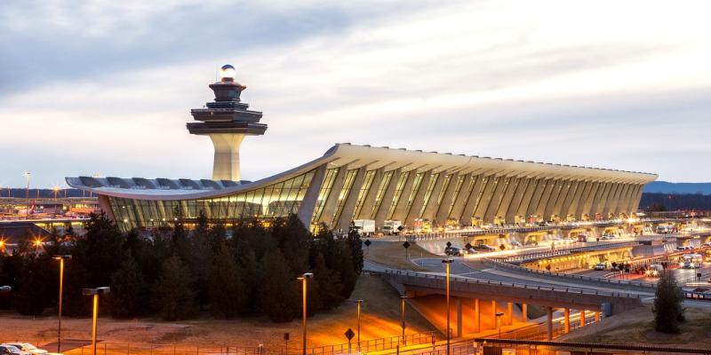 The tower and terminals of Washington Dulles International Airport